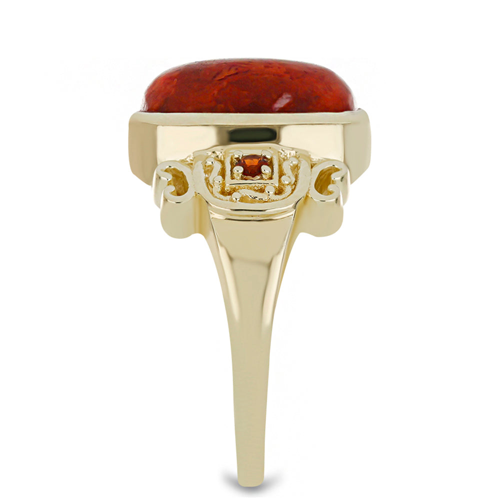 Anillo de Plata Bañada en Oro con Coral Rojo y Granate Barton