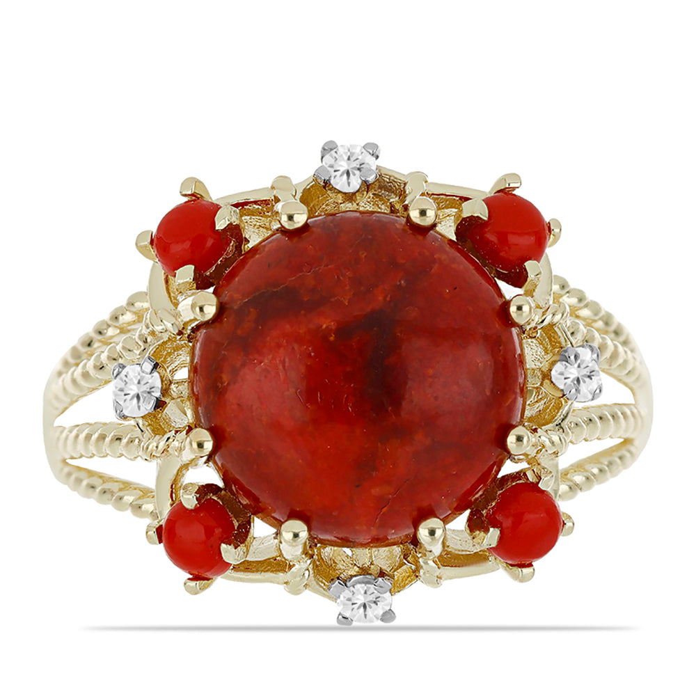 Anillo de Plata Bañada en Oro con Coral Rojo y Topacio Blanco