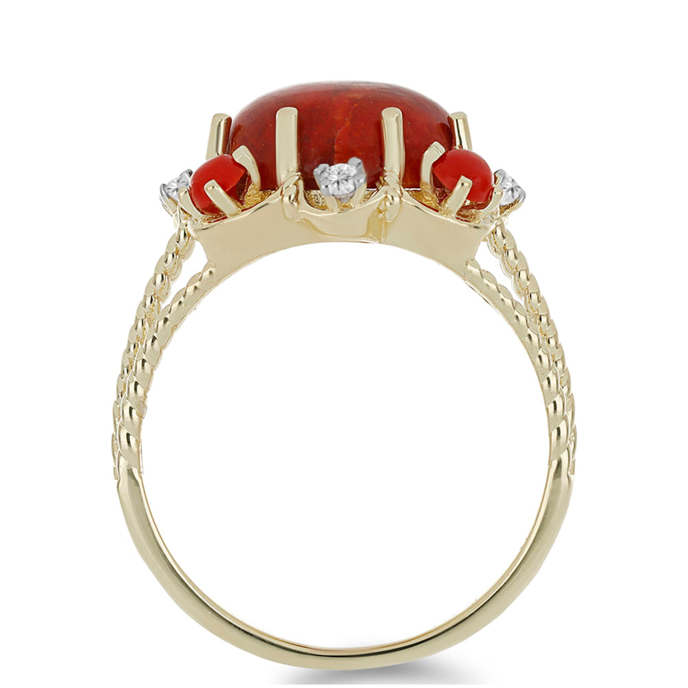 Anillo de Plata Bañada en Oro con Coral Rojo y Topacio Blanco 2 