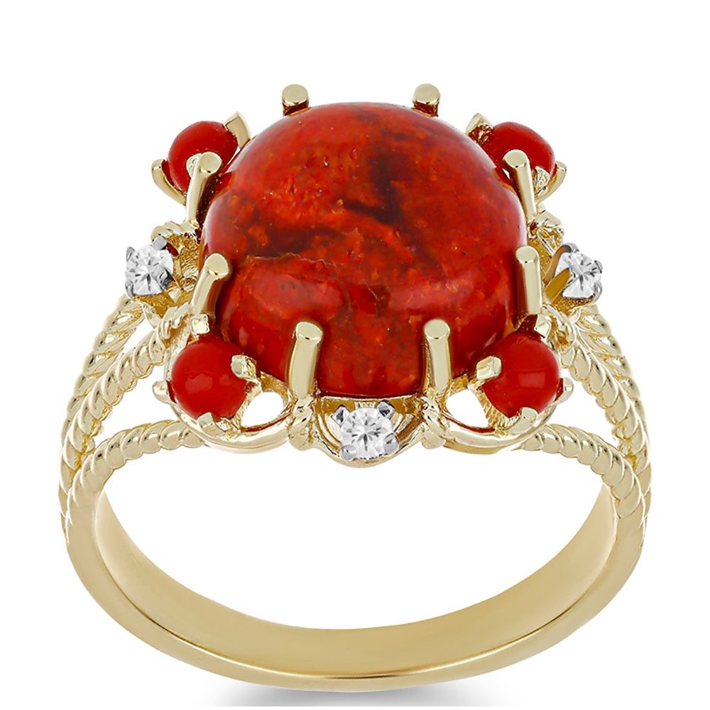 Anillo de Plata Bañada en Oro con Coral Rojo y Topacio Blanco