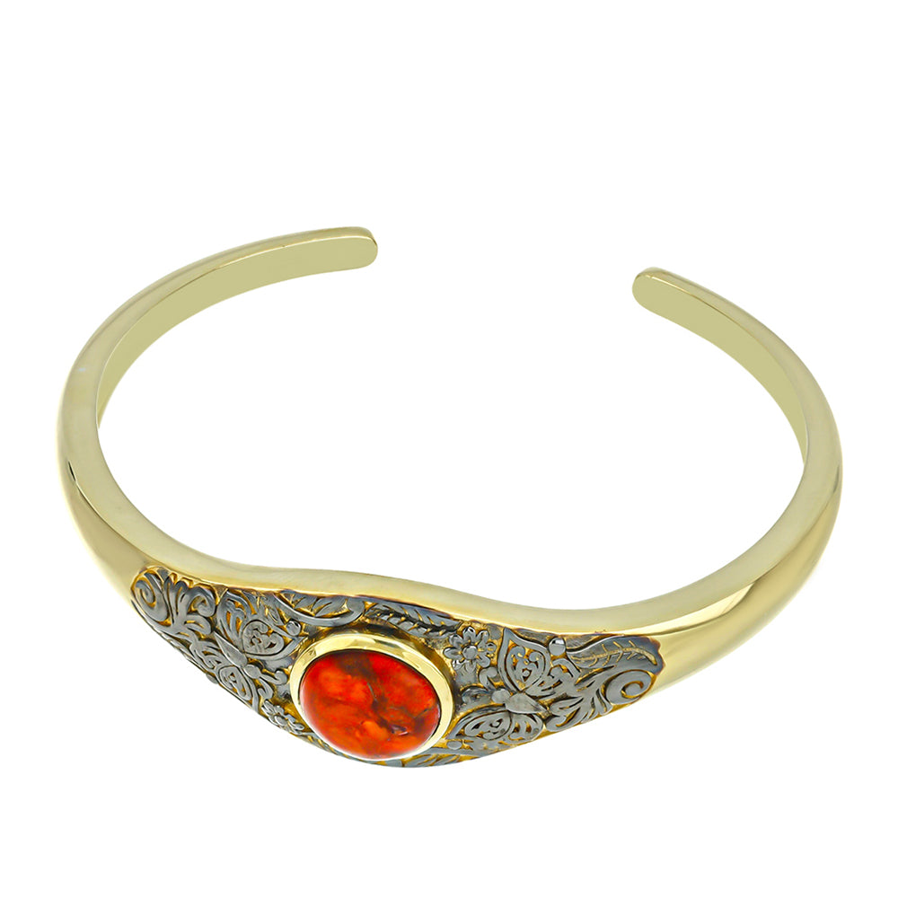 Brazalete de Plata Bañada en Oro con Coral Rojo