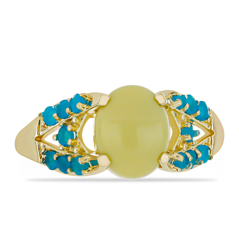 Anillo de Plata Bañada en Oro con Serpentina Amarilla y Ópalo Azul Paraiba de Etiopía 1 