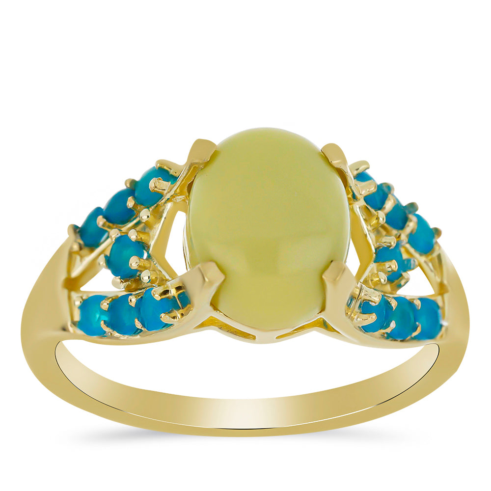 Anillo de Plata Bañada en Oro con Serpentina Amarilla y Ópalo Azul Paraiba de Etiopía 3 