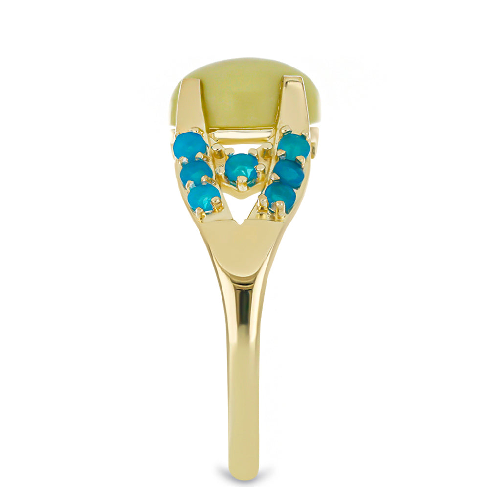 Anillo de Plata Bañada en Oro con Serpentina Amarilla y Ópalo Azul Paraiba de Etiopía 4 