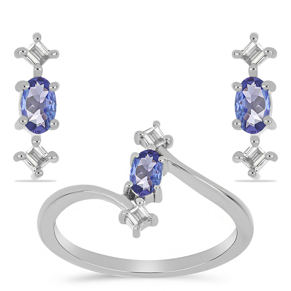 Conjunto de Plata con Tanzanita y Topacio Blanco ( Pendientes +Anillo ) 1 