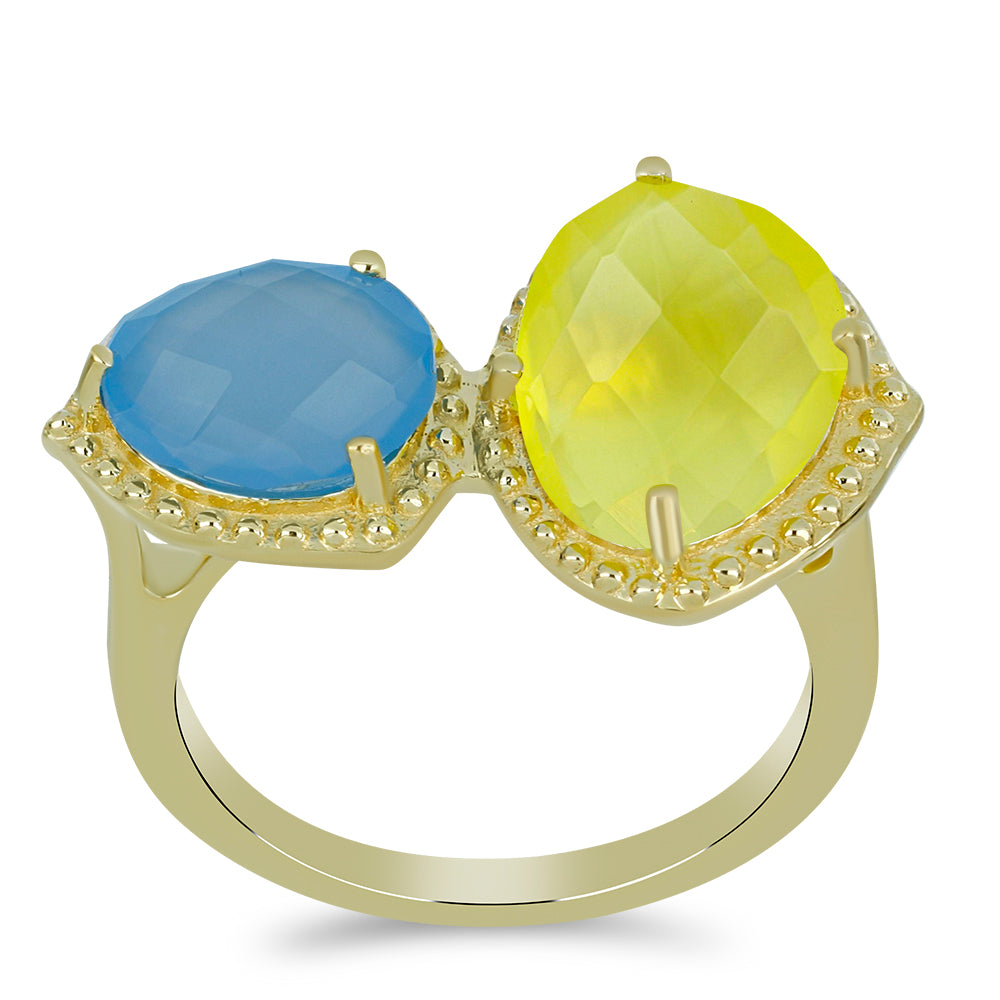 Anillo de Plata Bañada en Oro con Calcedonia Limón y Calcedonia Azul