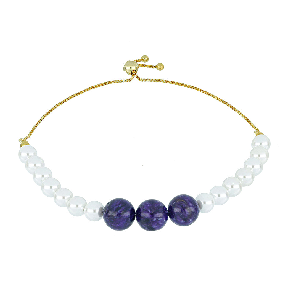 Pulsera de Plata Bañada en Oro con Charoita y Perla de Agua Dulce