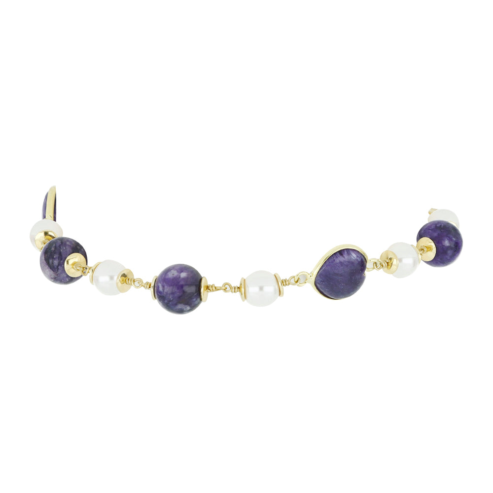 Pulsera de Plata Bañada en Oro con Charoita y Perla de Agua Dulce 2 
