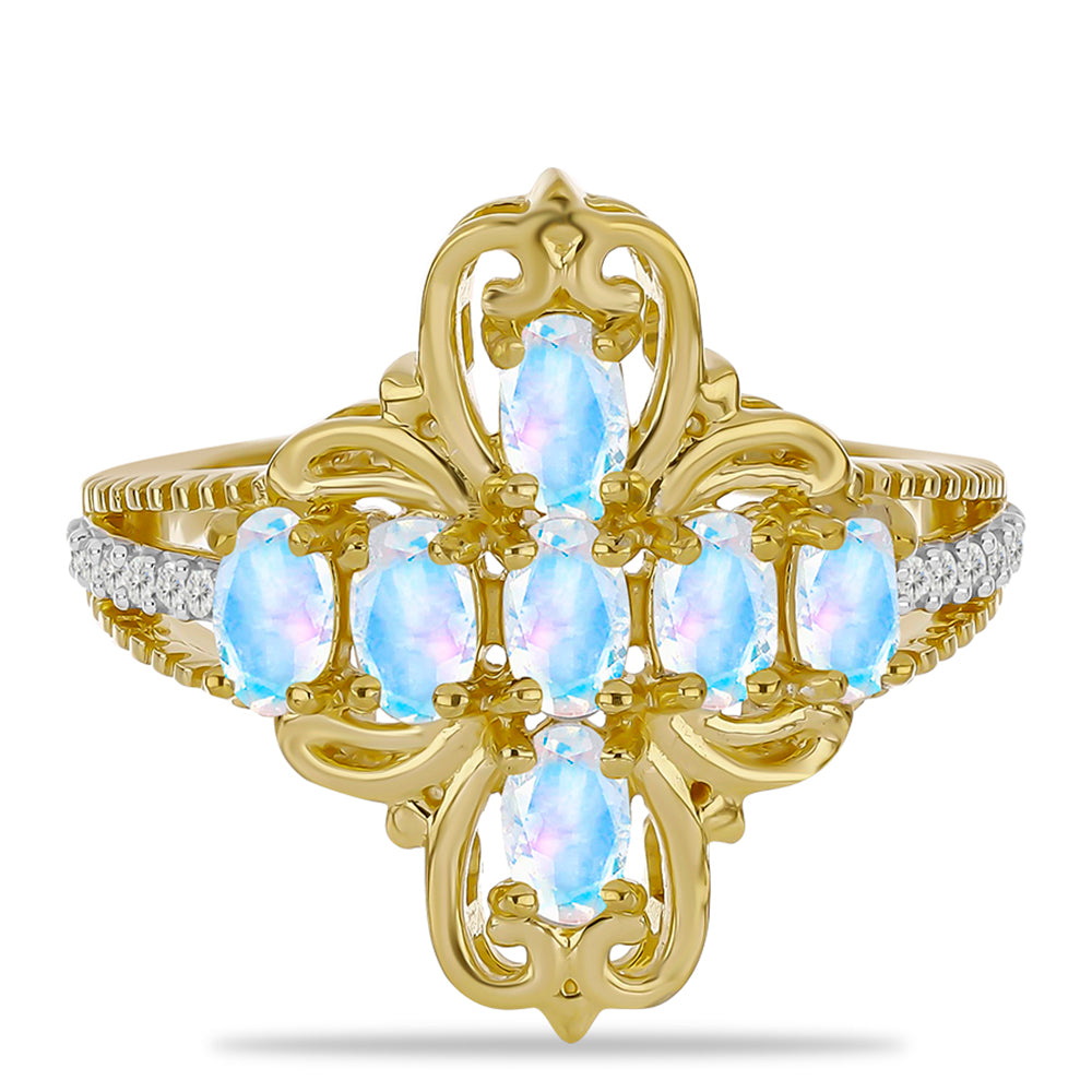 Anillo de Plata Bañada en Oro con Piedra Lunar Arco Iris y Topacio Blanco 1 