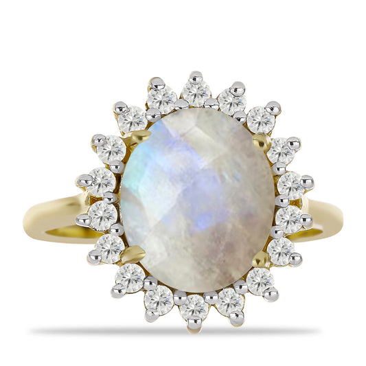 Anillo de Plata Bañada en Oro con Piedra Lunar Arco Iris y Topacio Blanco