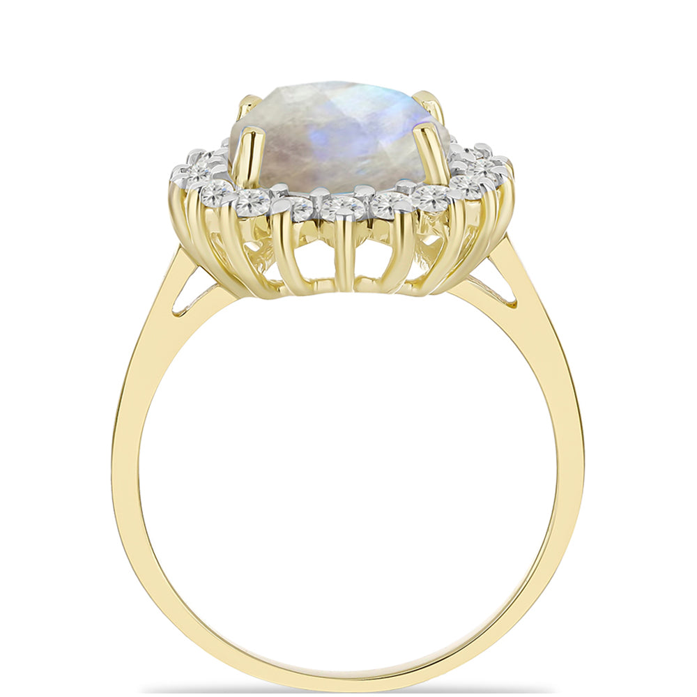 Anillo de Plata Bañada en Oro con Piedra Lunar Arco Iris y Topacio Blanco 2 