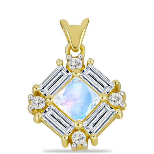 Colgante de Plata Bañada en Oro con Piedra Lunar Arco Iris y Topacio Blanco