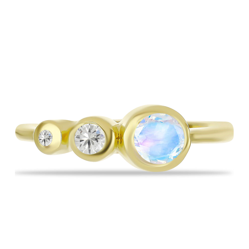 Anillo de Plata Bañada en Oro con Piedra Lunar Arco Iris y Topacio Blanco