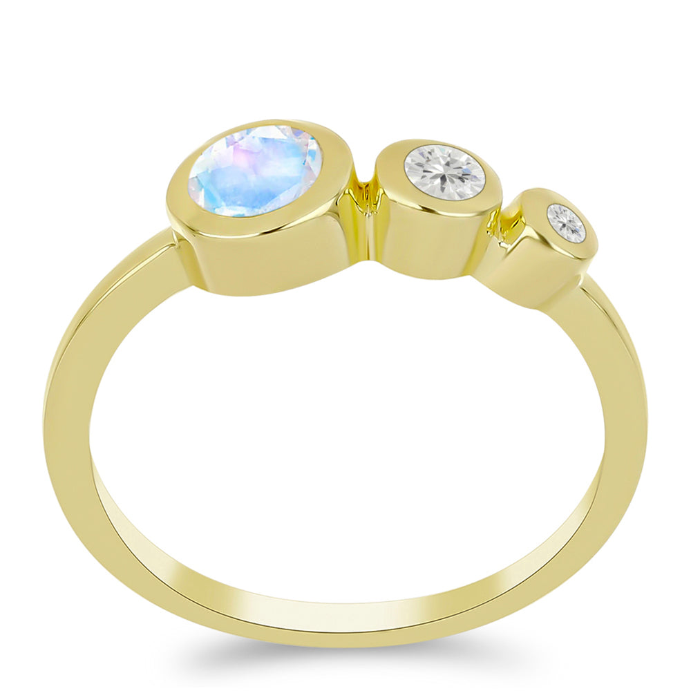 Anillo de Plata Bañada en Oro con Piedra Lunar Arco Iris y Topacio Blanco 3 