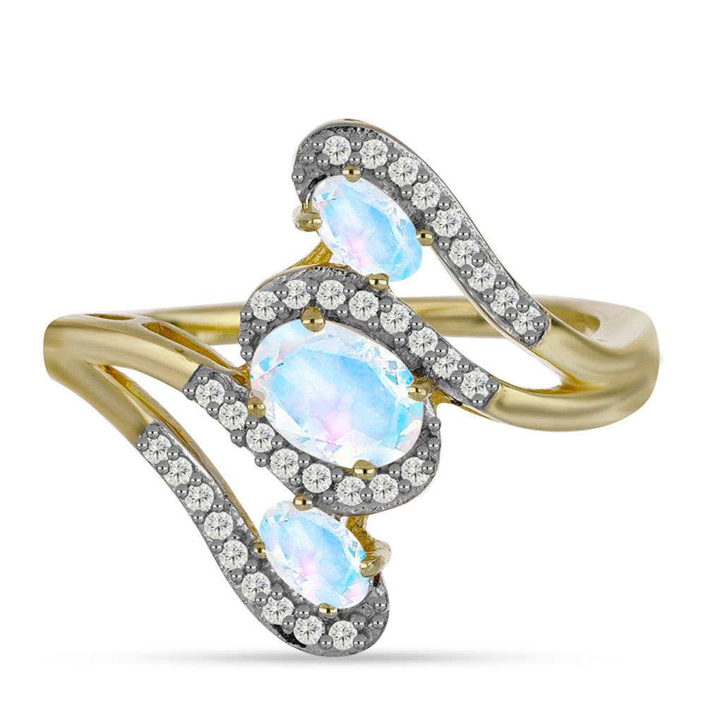 Anillo de Plata Bañada en Oro con Piedra Lunar Arco Iris y Topacio Blanco 1 