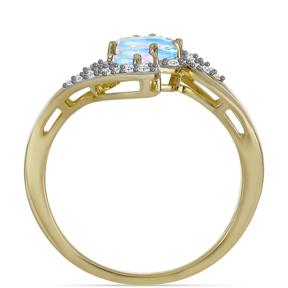 Anillo de Plata Bañada en Oro con Piedra Lunar Arco Iris y Topacio Blanco
