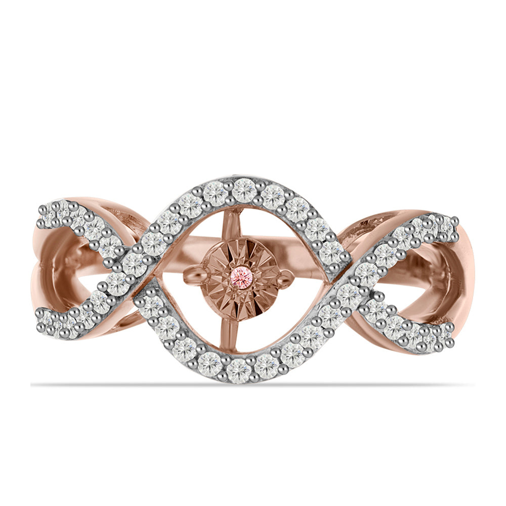 Anillo de Plata Bañada en Oro Rosa con Diamante Rosa Danzantes y Topacio Blanco