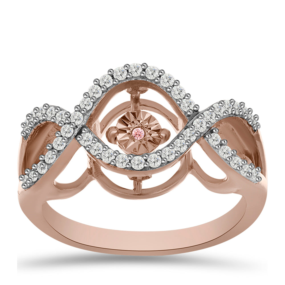 Anillo de Plata Bañada en Oro Rosa con Diamante Rosa Danzantes y Topacio Blanco