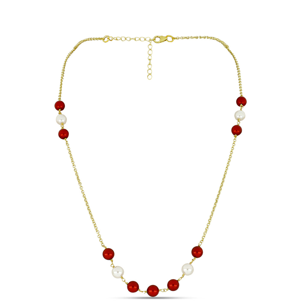 Collar de Plata Bañada en Oro con Perla roja de río y Perla de Agua Dulce Blanca 1 