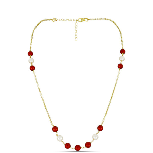 Collar de Plata Bañada en Oro con Perla roja de río y Perla de Agua Dulce Blanca