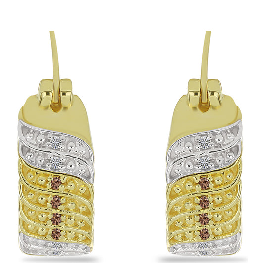 Pendientes de Plata Bañada en Oro con Diamante Champagne y Diamante blanco