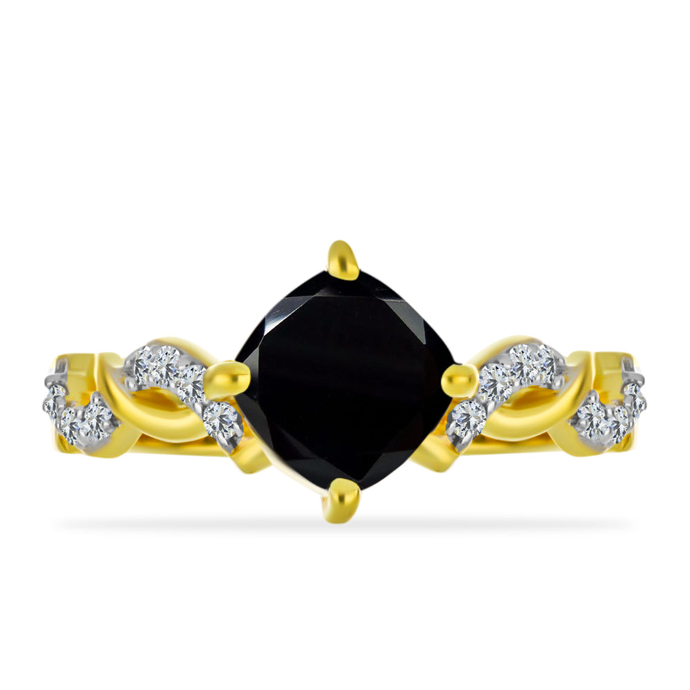 Anillo de Plata Bañada en Oro con Ónix Negro y Topacio Blanco
