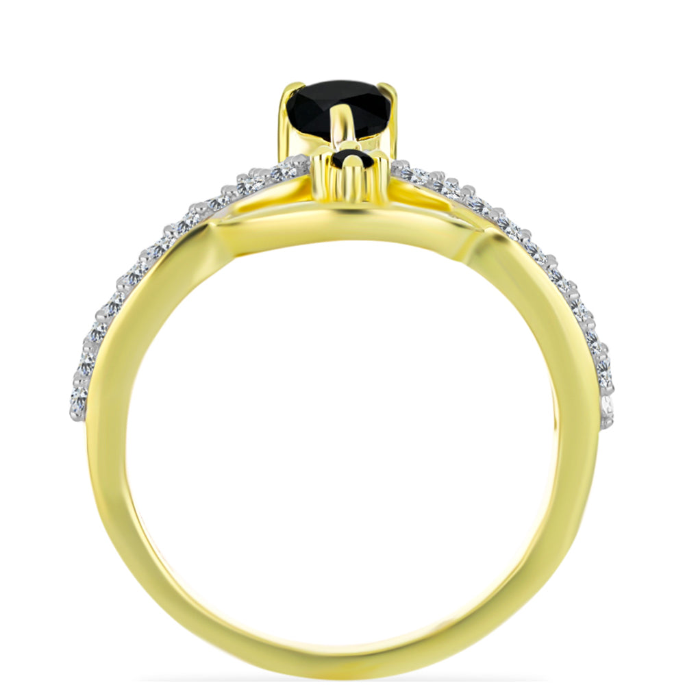 Anillo de Plata Bañada en Oro con Ónix Negro y Topacio Blanco