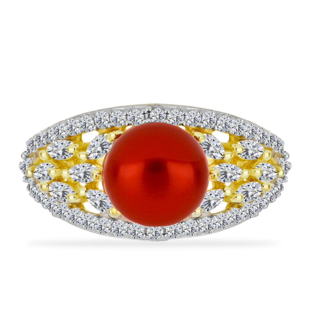 Anillo de Plata Bañada en Oro con Perla roja de río y Topacio Blanco