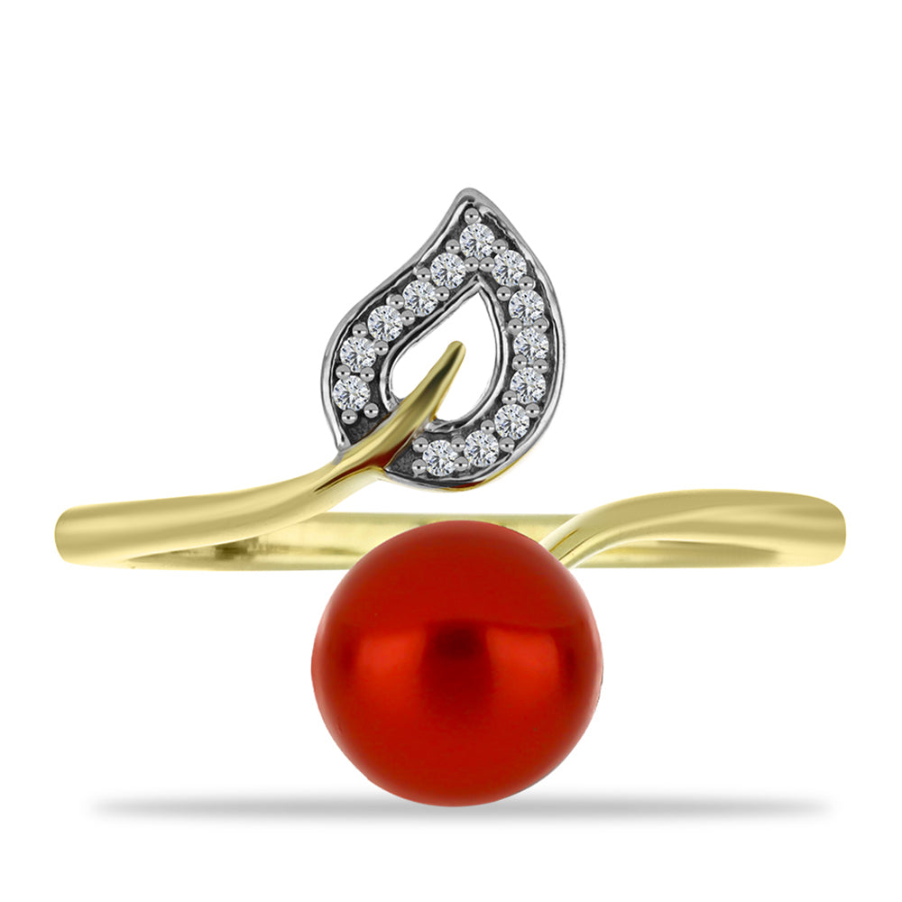 Anillo de Plata Bañada en Oro con Perla roja de río y Topacio Blanco