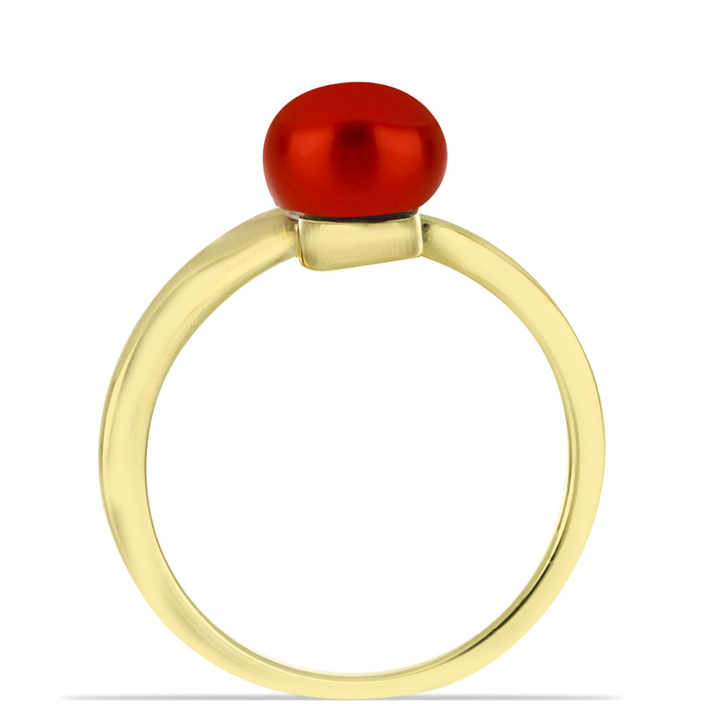 Anillo de Plata Bañada en Oro con Perla roja de río y Topacio Blanco 2 