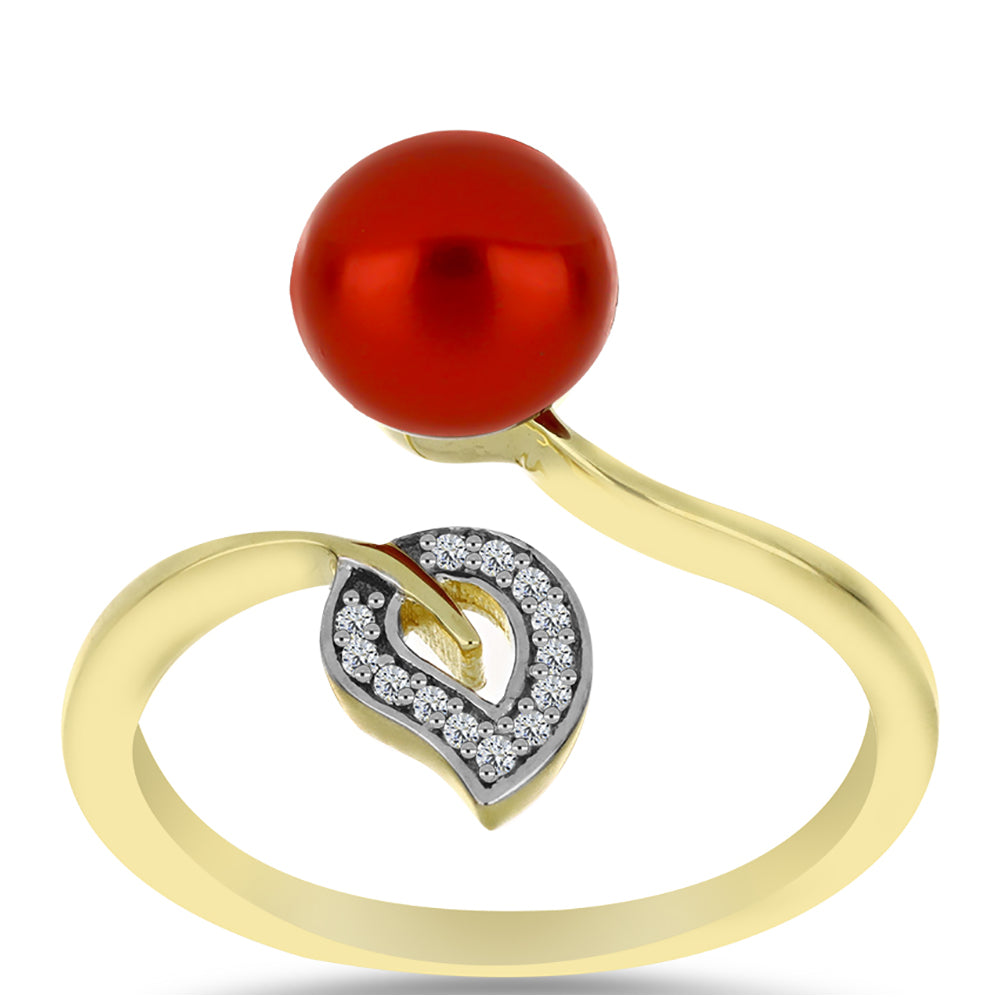 Anillo de Plata Bañada en Oro con Perla roja de río y Topacio Blanco 3 