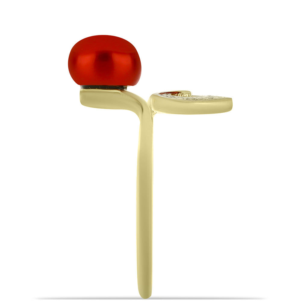 Anillo de Plata Bañada en Oro con Perla roja de río y Topacio Blanco 4 