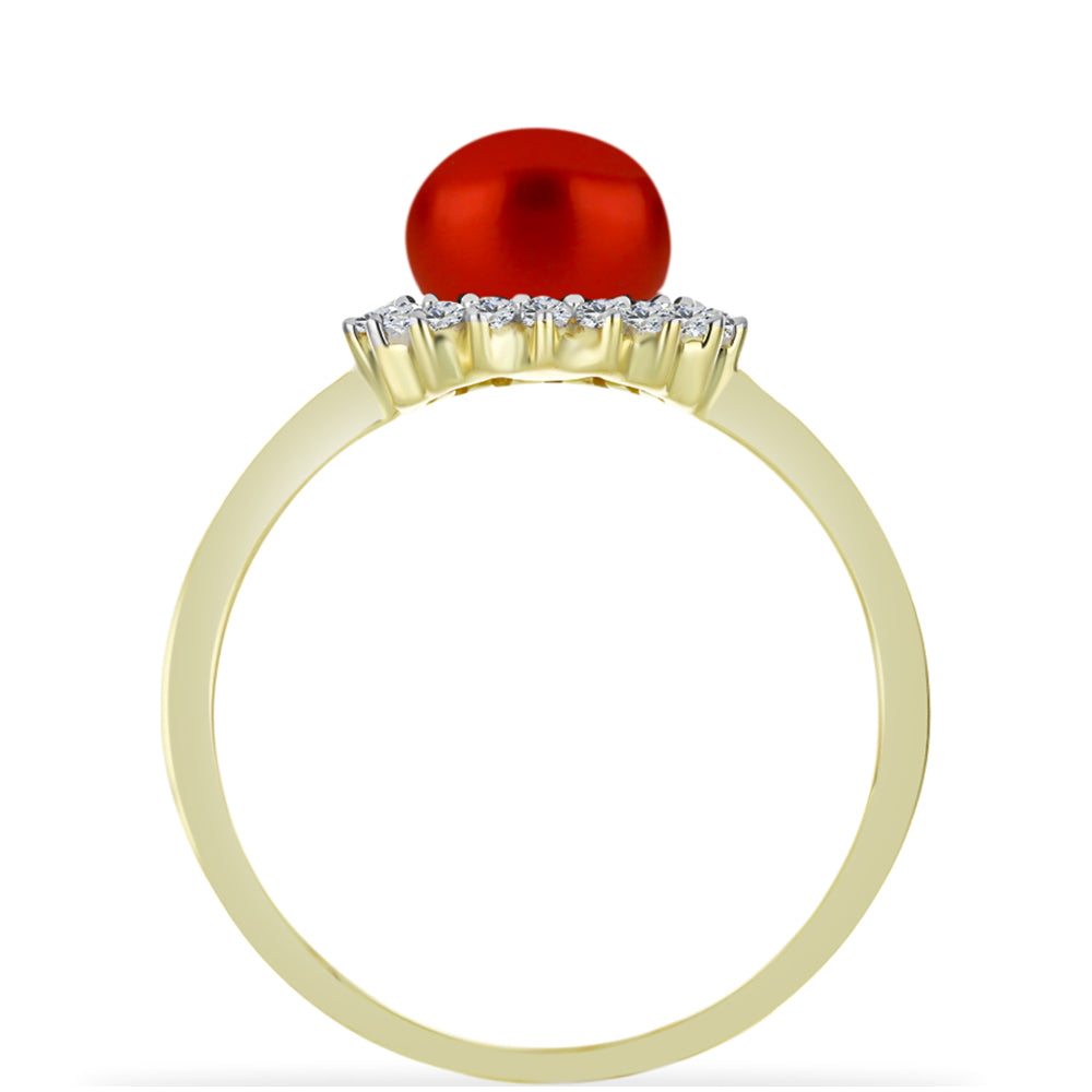 Anillo de Plata Bañada en Oro con Perla roja de río y Topacio Blanco