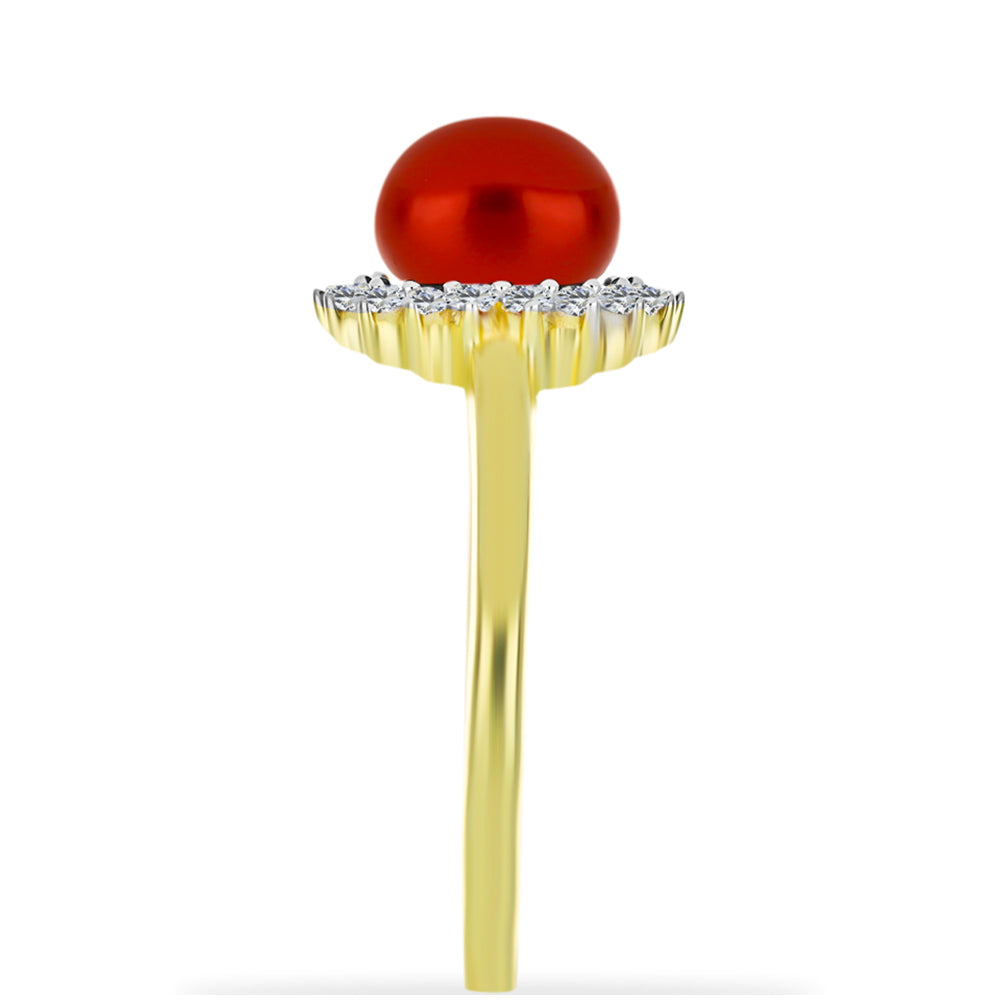 Anillo de Plata Bañada en Oro con Perla roja de río y Topacio Blanco