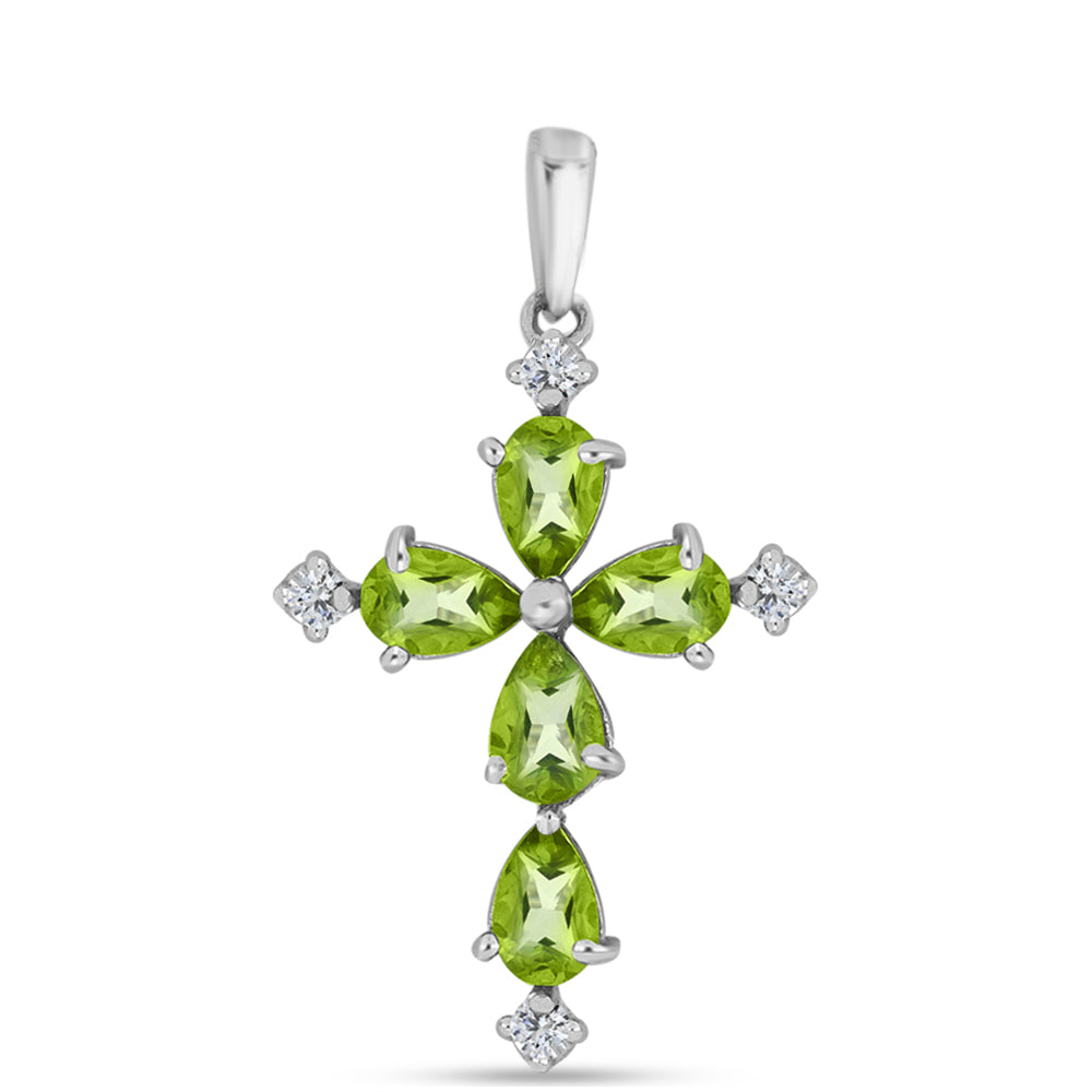 Cruz Colgante de Plata con Cuarzo Verde Helecho y Topacio Blanco 1 