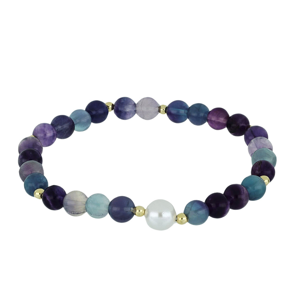 Pulsera de Plata Bañada en Oro con Fluorita y Perla de Agua Dulce Blanca Bicolor 1 