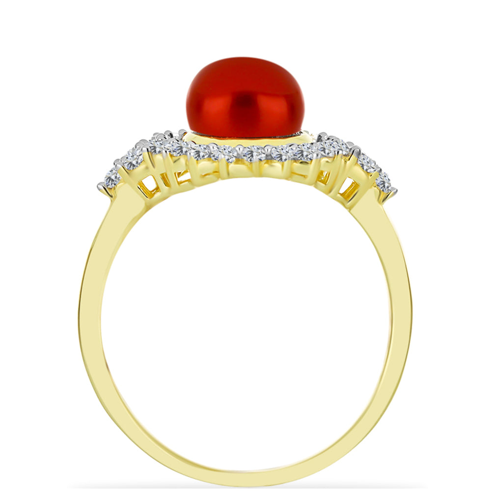 Anillo de Plata Bañada en Oro con Perla roja de río y Topacio Blanco 2 