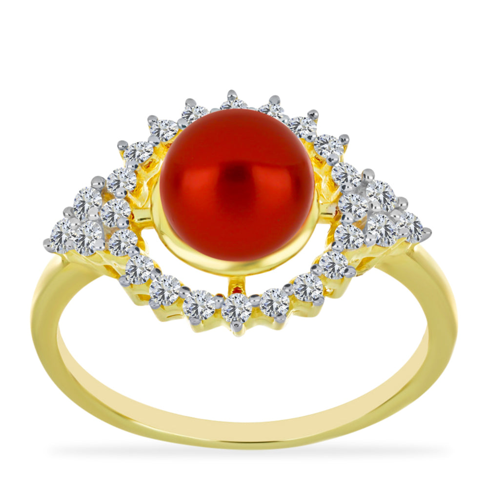 Anillo de Plata Bañada en Oro con Perla roja de río y Topacio Blanco