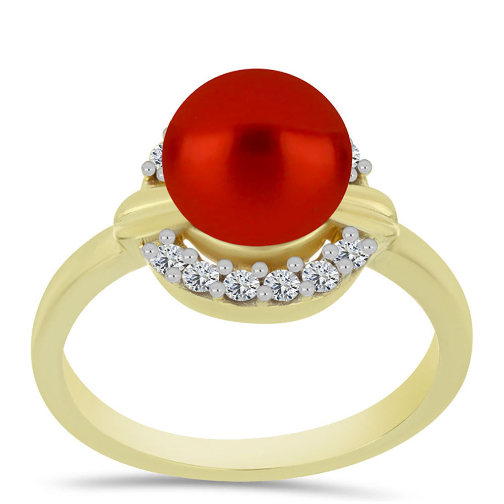 Anillo de Plata Bañada en Oro con Perla roja de río y Topacio Blanco