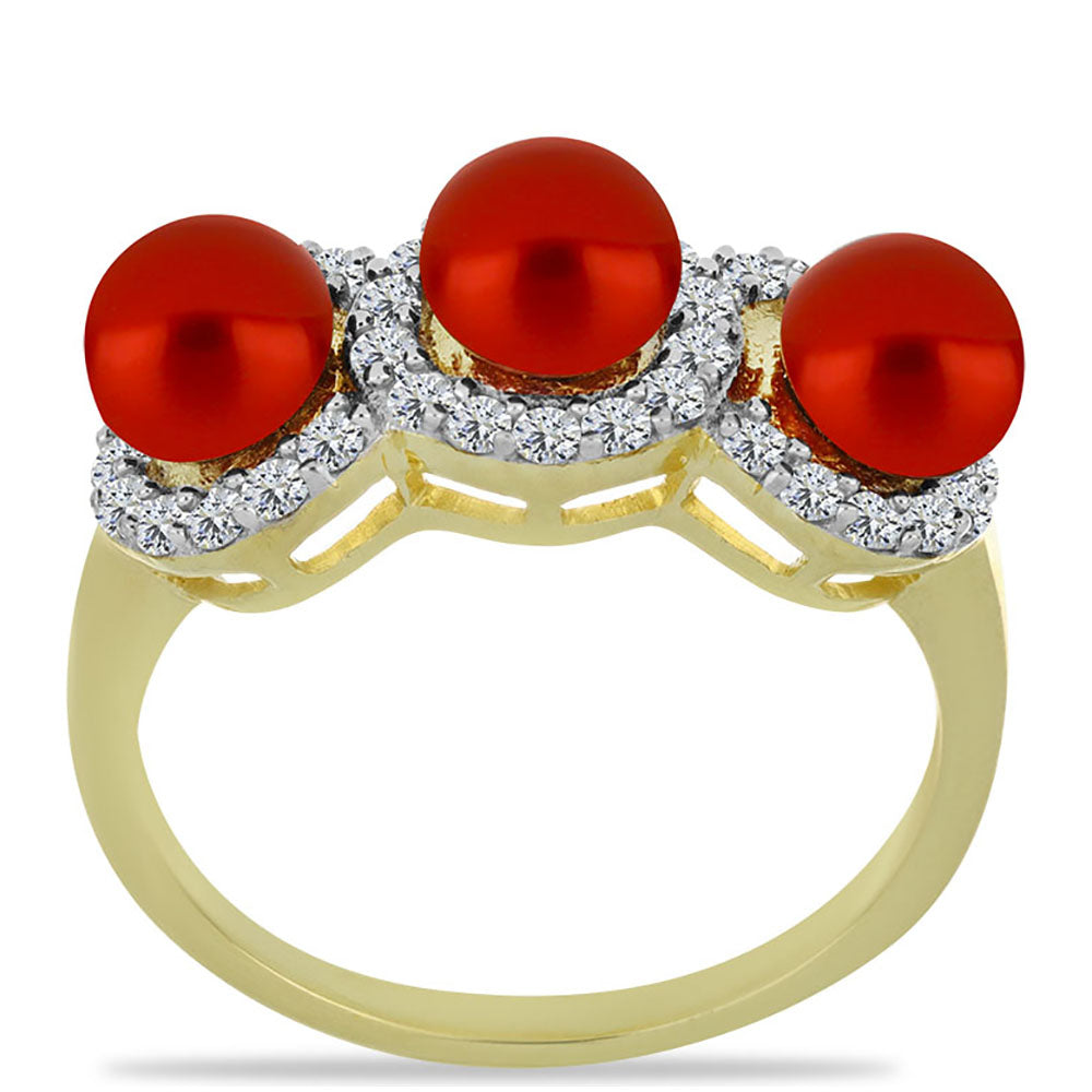 Anillo de Plata Bañada en Oro con Perla roja de río y Topacio Blanco 3 