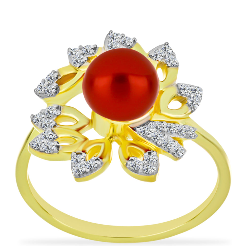 Anillo de Plata Bañada en Oro con Perla roja de río y Topacio Blanco