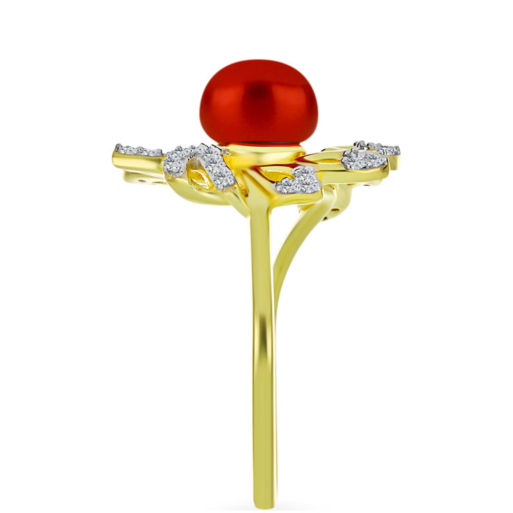 Anillo de Plata Bañada en Oro con Perla roja de río y Topacio Blanco 4 