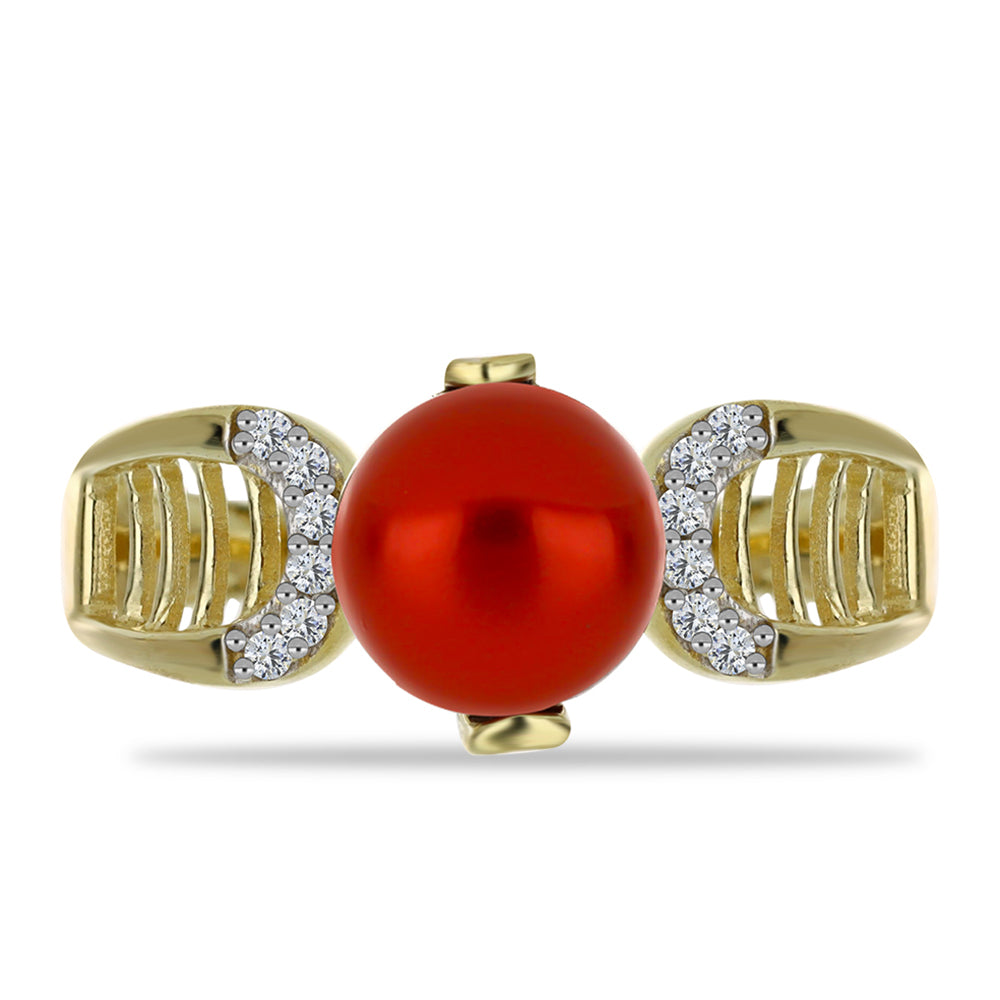 Anillo de Plata Bañada en Oro con Perla roja de río y Topacio Blanco 1 