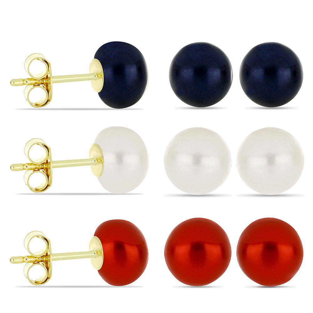 Conjunto de Plata Bañada en Oro con Perla roja de río y Perla de Agua Dulce Blanca ( Pendientes )