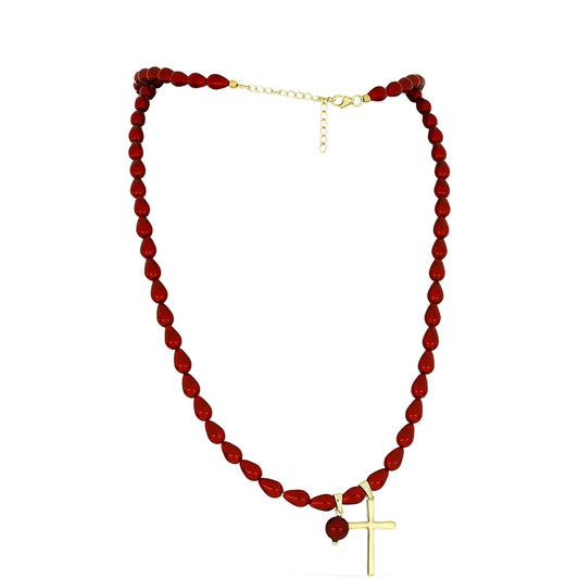 Cruz Collar de Plata Bañada en Oro con Perla roja de río