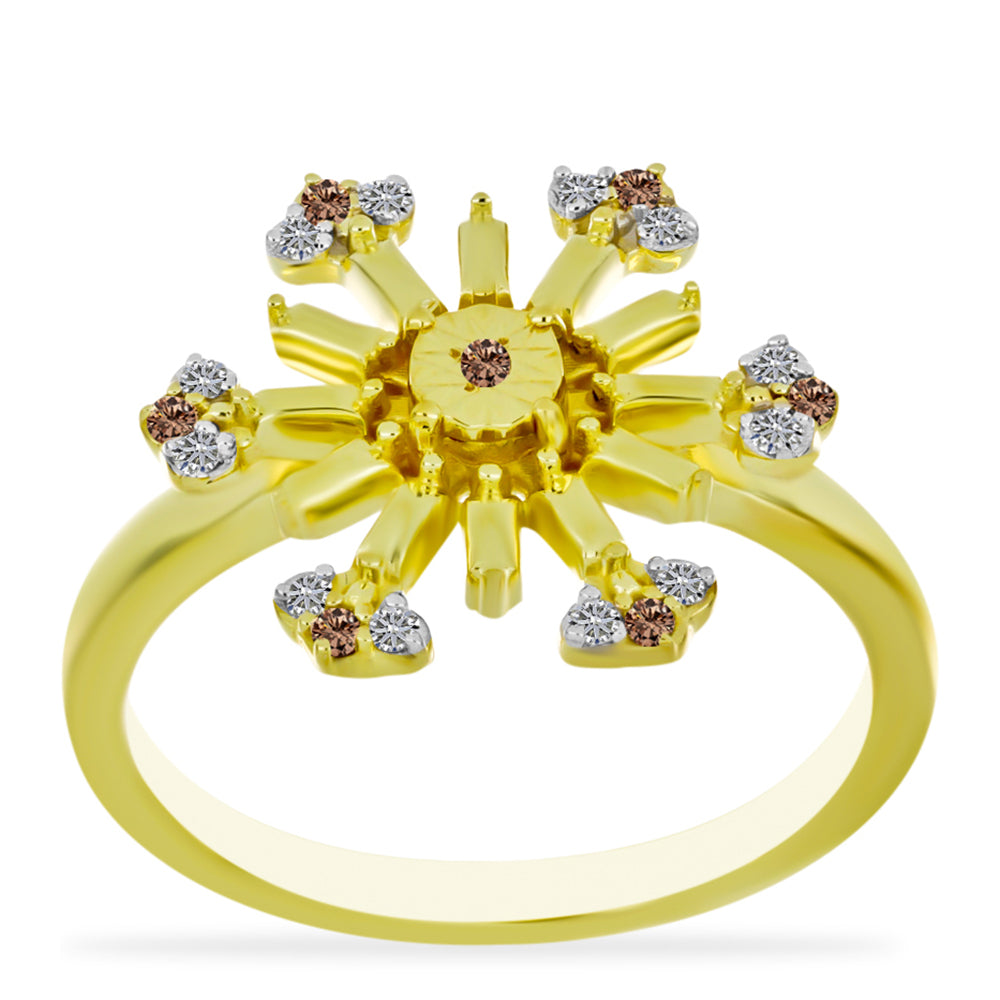 Anillo de Plata Bañada en Oro con Diamante Champagne y Diamante blanco 3 