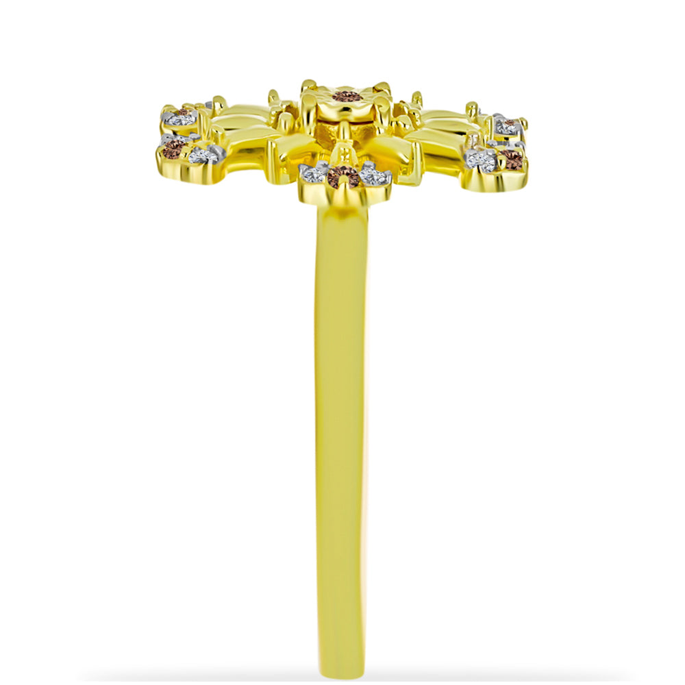 Anillo de Plata Bañada en Oro con Diamante Champagne y Diamante blanco