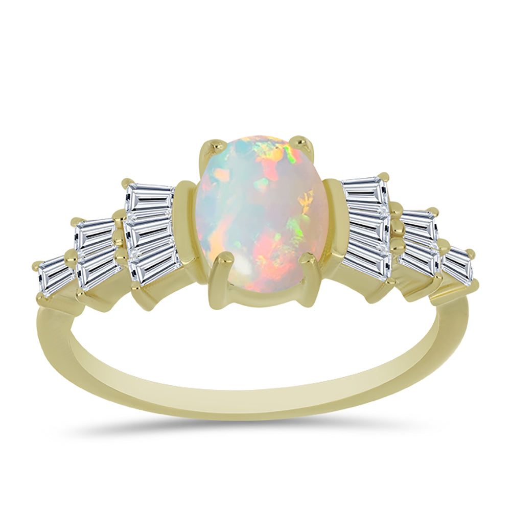 Anillo de Plata Bañada en Oro con Ópalo Welo y Zircón Blanco