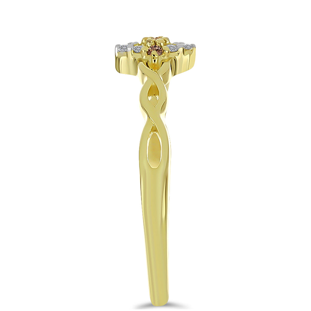 Anillo de Plata Bañada en Oro con Diamante Champagne y Diamante blanco 4 