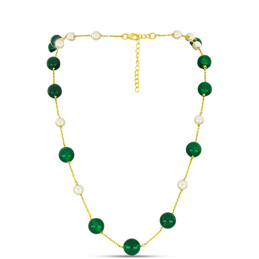 Collar de Plata Bañada en Oro con Jadeíta verde del Río Marsden y Perla de Agua Dulce
